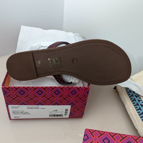 Tory Burch Metal Miller Croc Embossed Logo Sandals Burgundy Roma Red MANY SIZES! - Picture 12 of 13